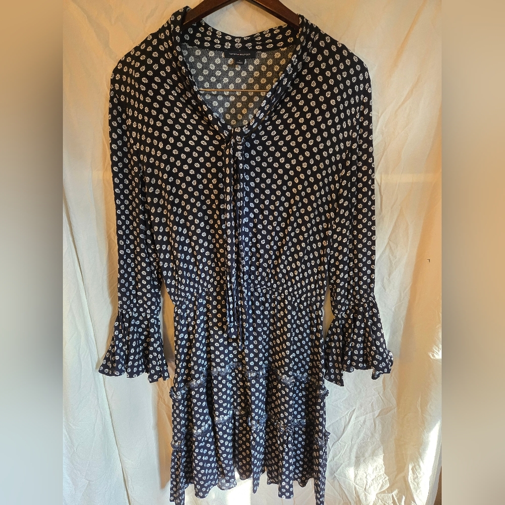 Tommy Hilfiger Navy Blue Floral Tie Neck Mini Dress size 6 Medium